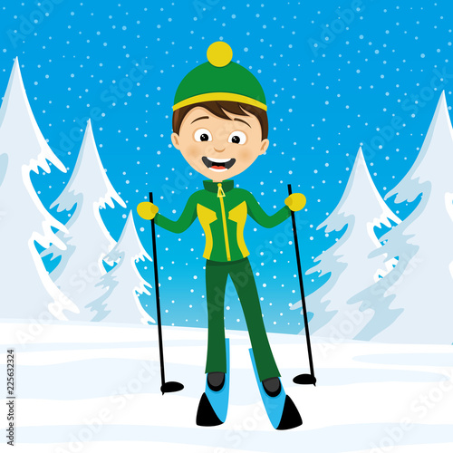 Cheerful skier in the winter snowy forest.