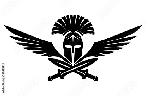 Spartan helmet with swords and wings on a white background.