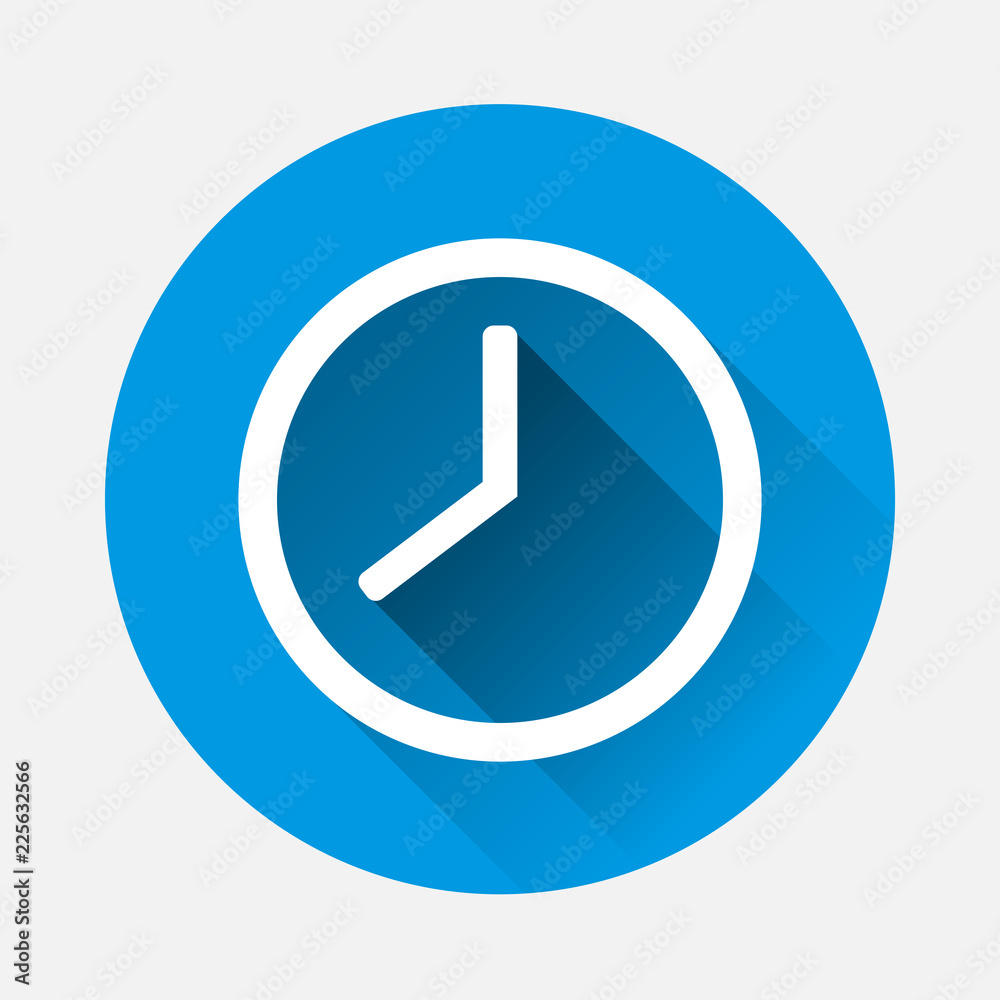 Clock icon on blue background. Flat image clock with long shadow. Layers grouped for easy editing illustration. For your design. Clock icon on blue background. Flat image clock with long shadow. Layers grouped for easy editing illustration. For your design.