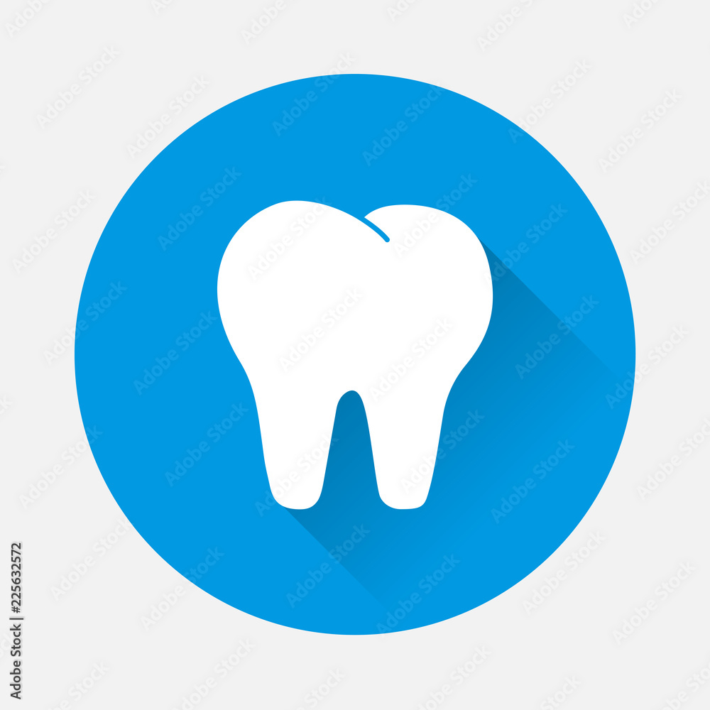 Vector tooth icon on blue background. Flat image dentistry with long shadow. Layers grouped for easy editing illustration. For your design. Vector tooth icon on blue background. Flat image dentistry with long shadow. Layers grouped for easy editing illustration. For your design.