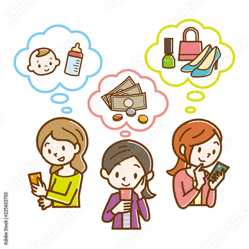 スマホを見る若い女性達　手描き風