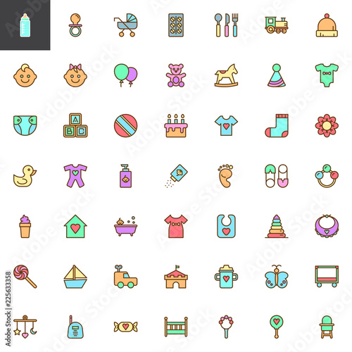 Newborn baby filled outline icons set, line vector symbol collection, linear colorful pictogram pack. Signs, logo illustration, Set includes icons as Baby bottle, Pacifier, Pram, Teddy bear, Diaper