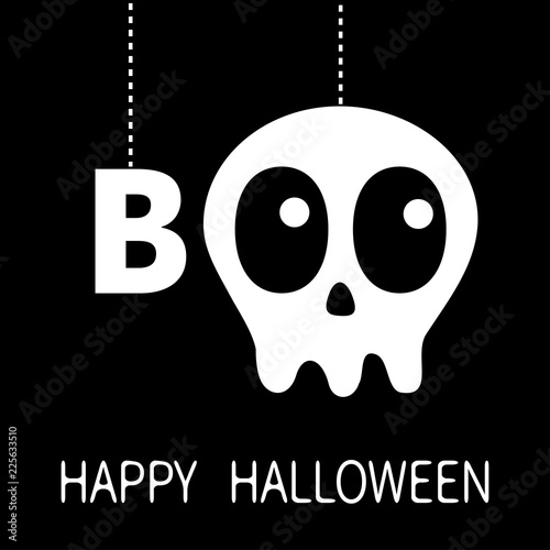 Happy Halloween. Hanging word BOO text Skull sceleton face bone. Eyes nose. Dash line thread. Greeting card. Flat design. Black background.