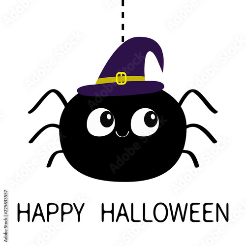 Happy Halloween. Black spider silhouette hanging on dash line web. Witch hat. Funny insect. Big eyes. Cute cartoon baby character. Flat material design. White background. Isolated.