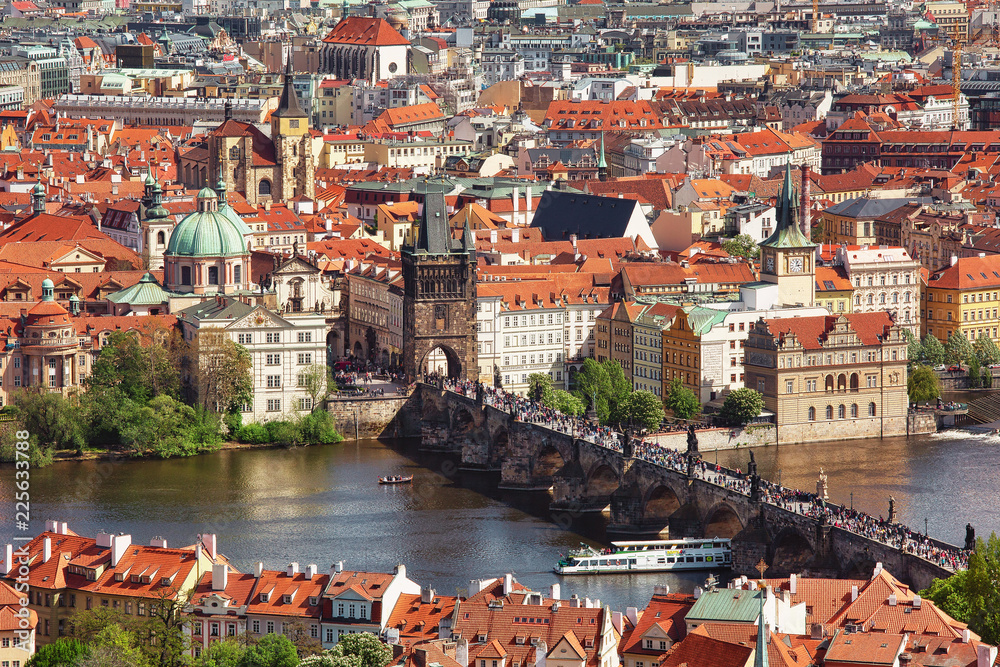 Aerial view to Prague historic center with Charles Bridge in the middle