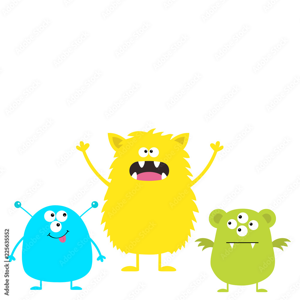 Obraz premium Three colorful monster set. Head face. Cute cartoon scary character. Baby collection. Eyes, tongue horns. Happy Halloween template. White background. Isolated. Flat design.