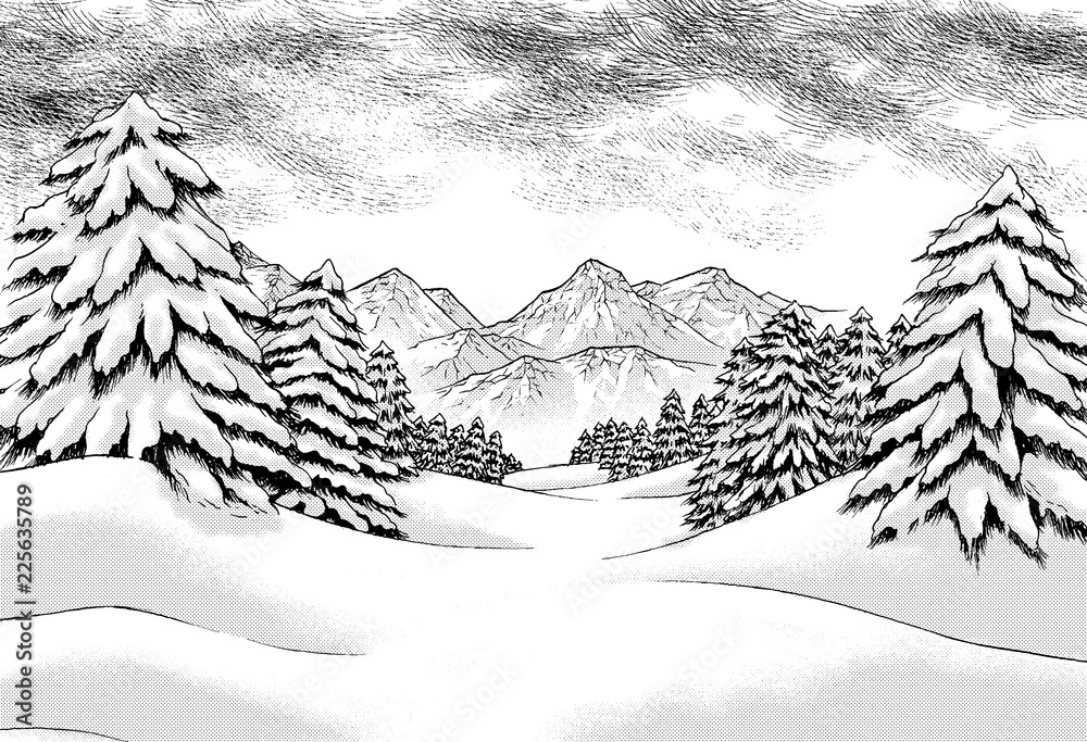 漫画風ペン画イラスト 雪山 Stock Illustration Adobe Stock