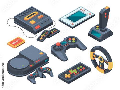 Video game console and different technical gadgets. Game console and play electronic arcade illustration vector
