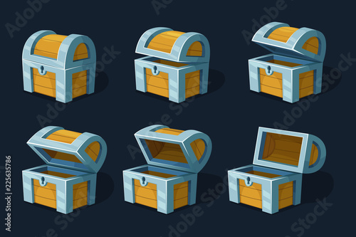 Various key frames animation of wooden chest or box. Vector cartoon pictures wood ancient box closed illustration photo