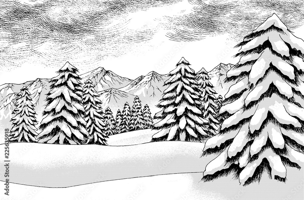 漫画風ペン画イラスト 雪山 Stock Illustration Adobe Stock