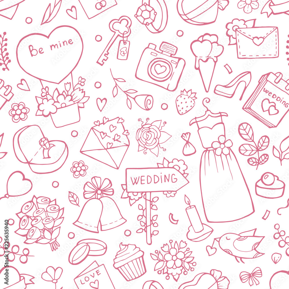 Wedding seamless pattern. Vector background with wedding symbols. Background love marriage, bouquet and heart illustration