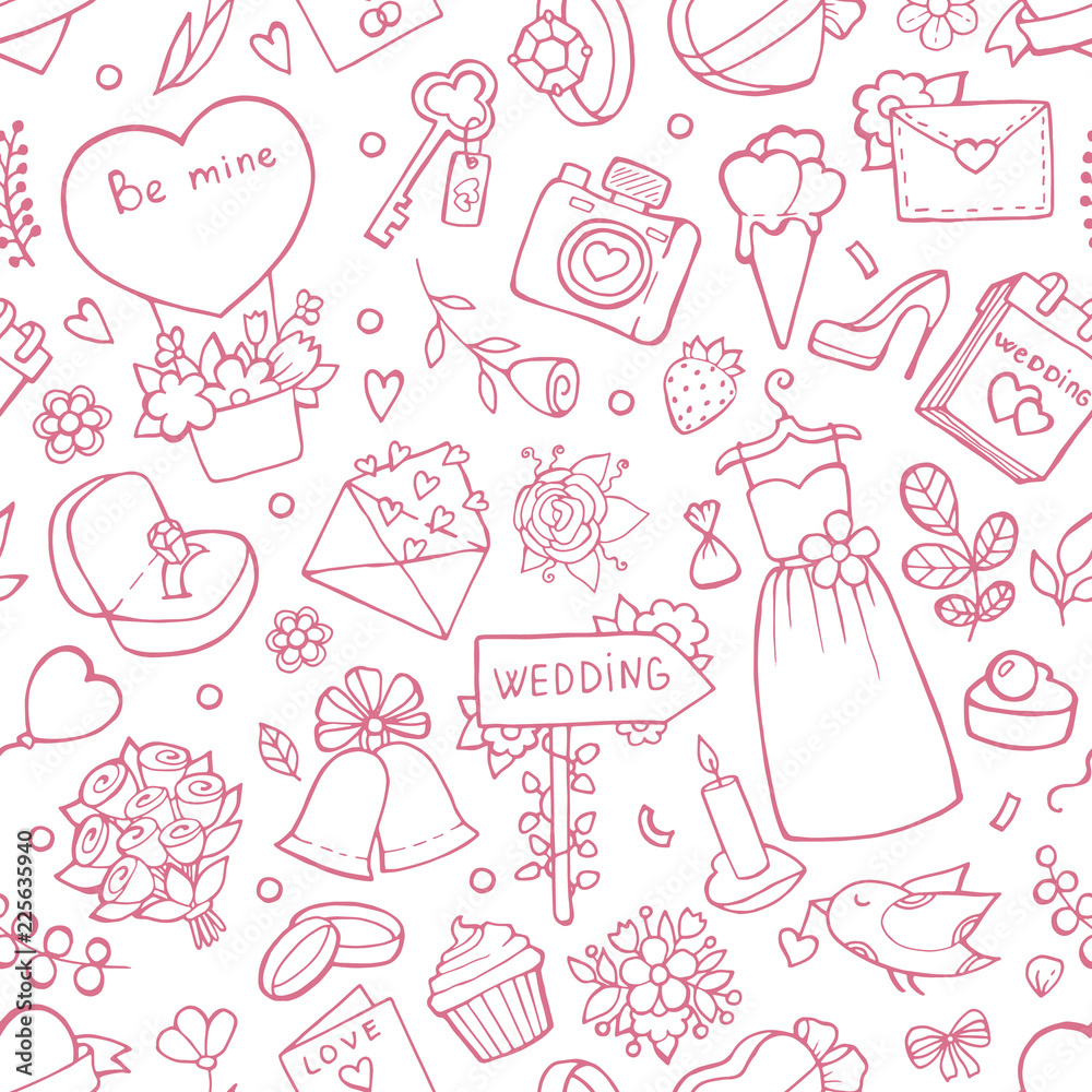 Wedding seamless pattern. Vector background with wedding symbols. Background love marriage, bouquet and heart illustration Wedding seamless pattern. Vector background with wedding symbols. Background love marriage, bouquet and heart illustration