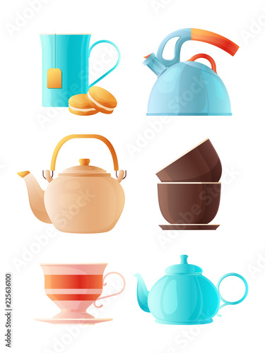 Teapots set. Vector cartoon pictures of cup of tea and various kettles. Teapot and coffee drink, teakettle ceramic illustration