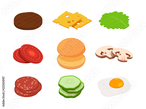 Burger isometric. Constructor of burger with different ingredients. Burger hamburger, sandwich american isometric. Vector illustration