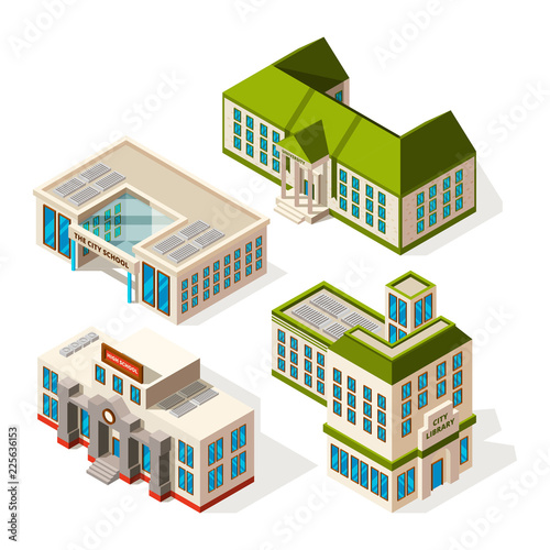 School buildings. Isometric 3d pictures of school or institute buildings. Vector building isometric, school architecture, university college house illustration © ONYXprj