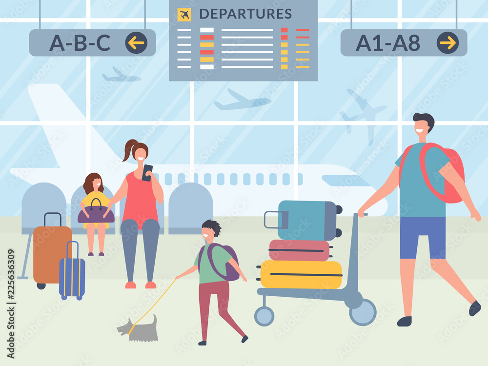 Characters in airport terminal. Vector illustrations of happy travellers. People family woman and man with baggage