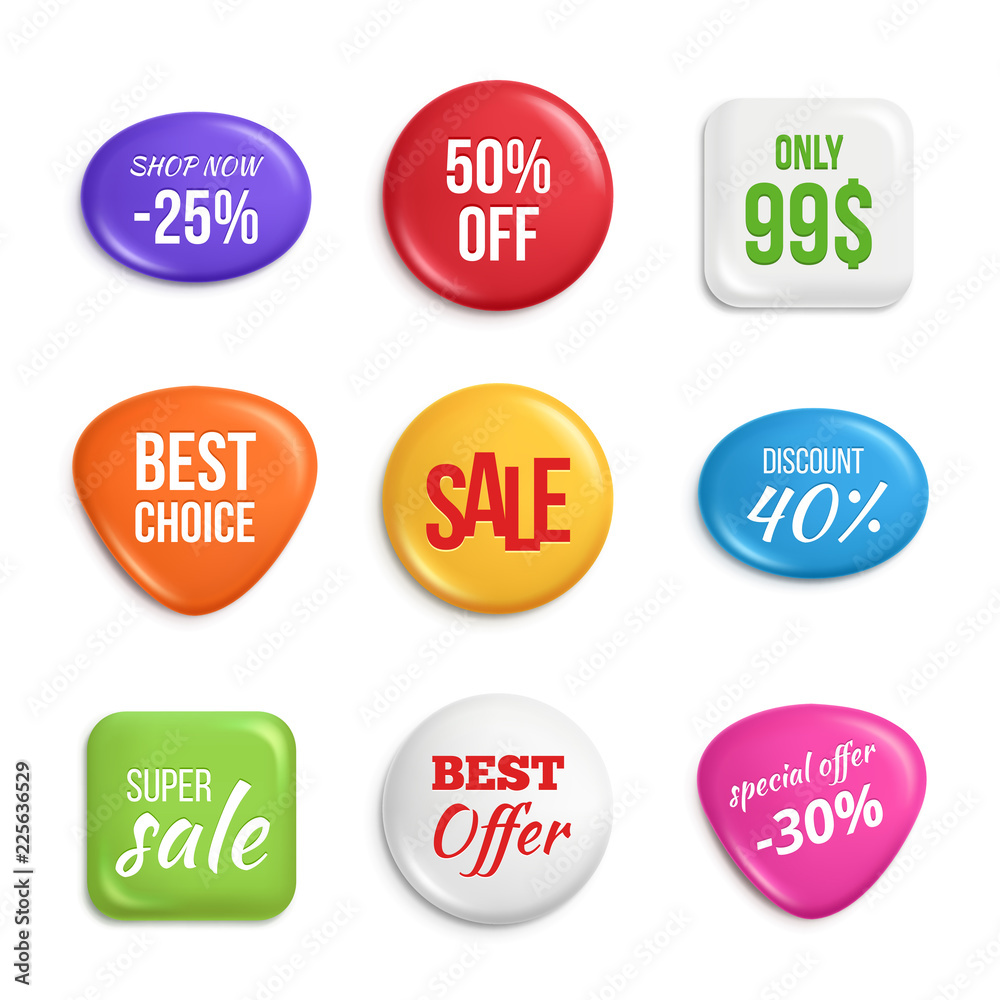 Sale badges. Labels of best offers and sales. Price label badge, only promo, super sale. Vector illustration Sale badges. Labels of best offers and sales. Price label badge, only promo, super sale. Vector illustration