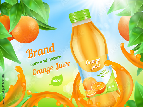 Juice advertizing poster. Realistic illustration of juice fruits plastic bottle in splashes. Fruit bottle juice, healthy splash beverage vector