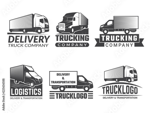 Transportation logo. Silhouette of truck various emblems of logistic theme. Vector business logo isolate. Business logo truck transportation, emblem and symbol transport cargo illustration