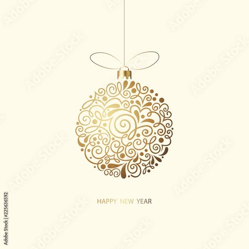 Happy New Year greeting card with golden Christmas ball.