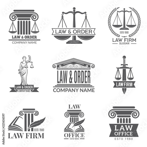 Law and legal labels. Legal code, judge hammer and other corporate symbols of jurisprudence. Black labels and badges of legal notes. Lawyer firm or company logo, vector illustration