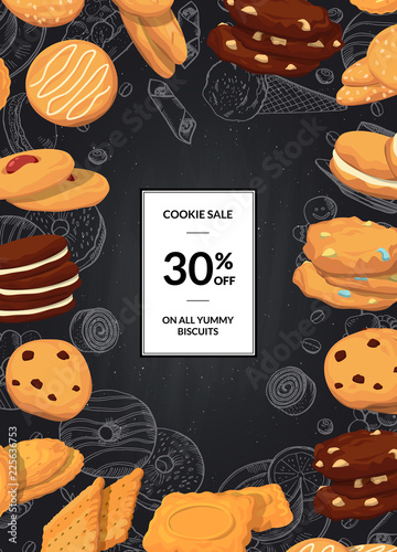Vector sale background with cartoon cookies on black chalkboard with place for text. Snack sweet dessert food, cookie biscuit illustration