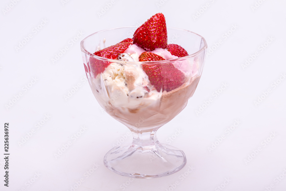ice cream and fresh ripe strawberries isolated on white background ice cream and fresh ripe strawberries isolated on white background
