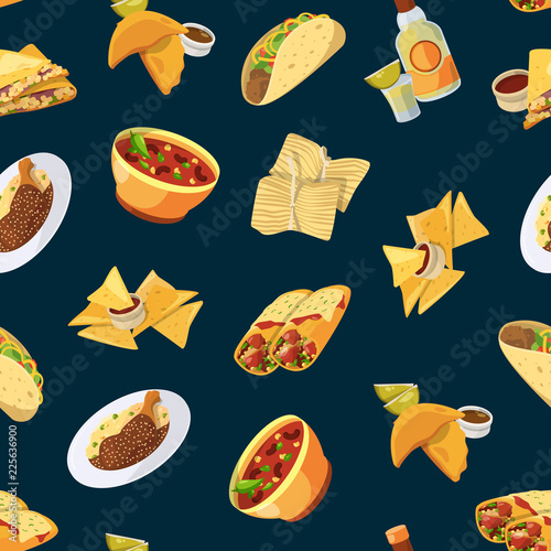 Vector cartoon mexican food pattern or background illustration. Mexico taco and chili, burrito and nachos