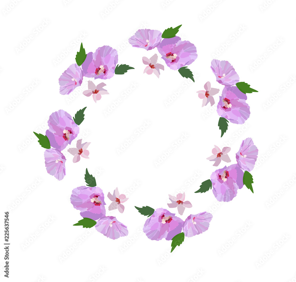 Floral design wreath, with hibiscus flowers and leaves hand drawn. Colorful vector illustration