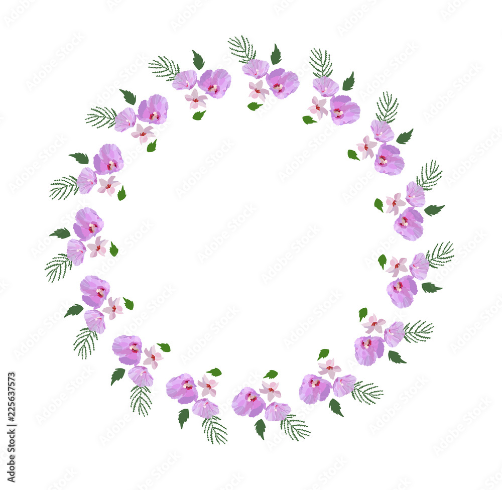 Floral design wreath, with hibiscus flowers and leaves hand drawn. Colorful vector illustration