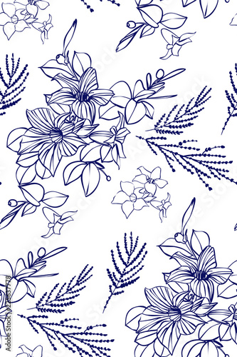 Floral seamless pattern with hibiscus flowers and leaves. Botanical illustration hand painted. Textile print, fabric swatch, wrapping paper.