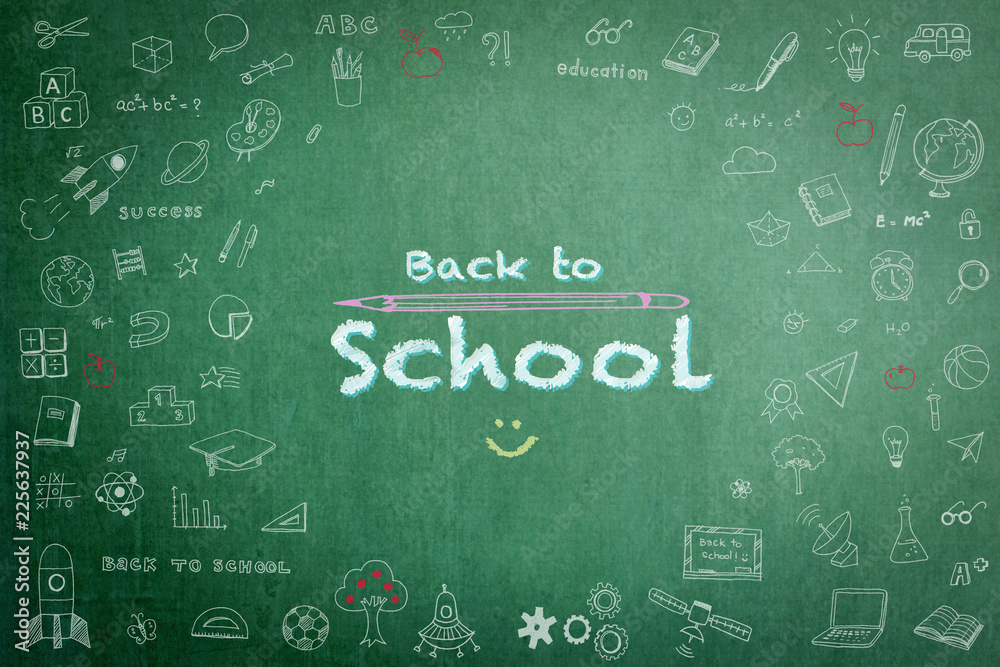 Back to school sale advertisement on school teacher’s green chalkboard background with copy space encircled by freehand students’ doodle for education announcement Back to school sale advertisement on school teacher’s green chalkboard background with copy space encircled by freehand students’ doodle for education announcement
