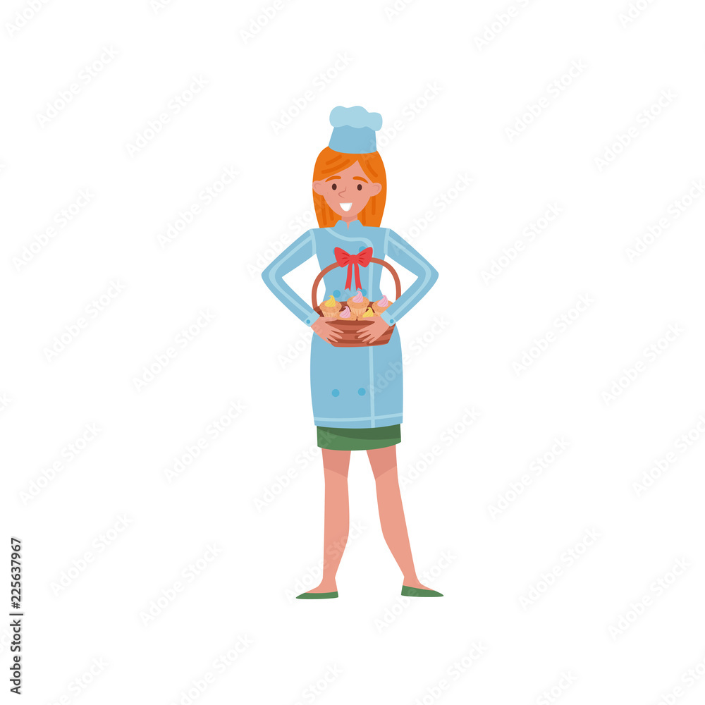 Young girl holding small gift basket with tasty cupcakes. Cartoon character of bakery worker. Flat vector illustration