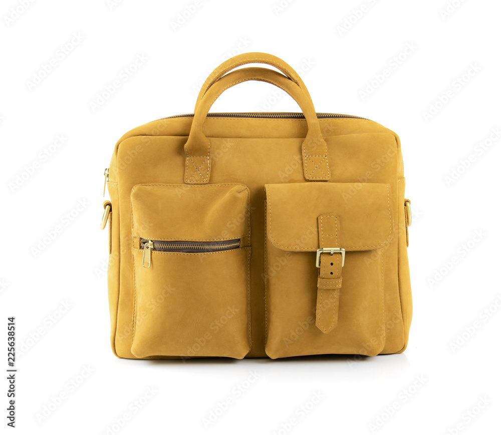 Fashion hand bag or sling bag with Nubuck mustard leather. Isolated on white background, Closeup