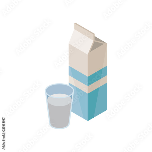 Cardboard package and glass of natural milk for breakfast. Healthy beverage. Isometric vector element for advertising poster