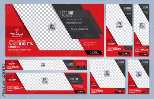 Red and Black Web banners templates, standard sizes with space for photo, modern design