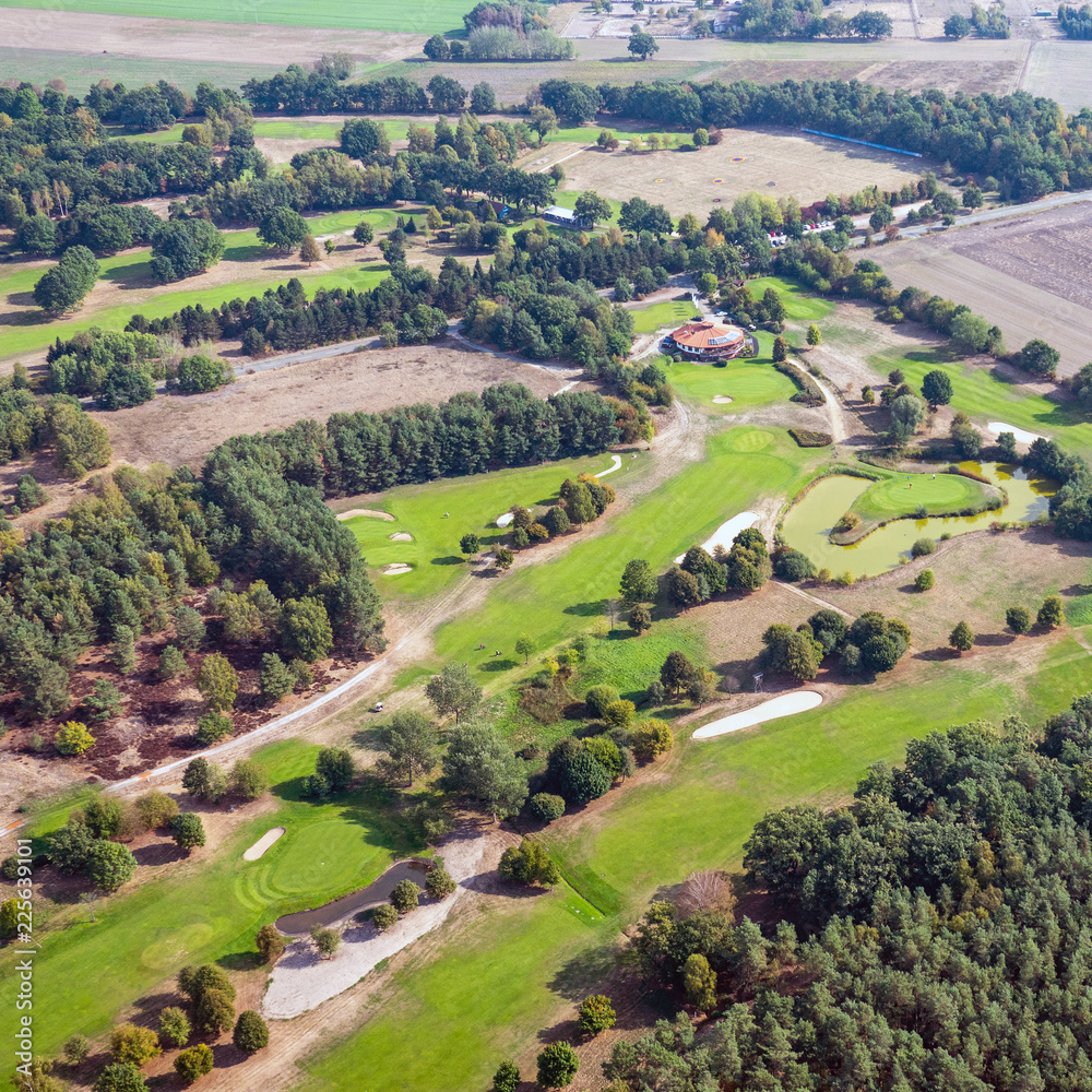 Aerial view of a golf course in the North German heath landscape
