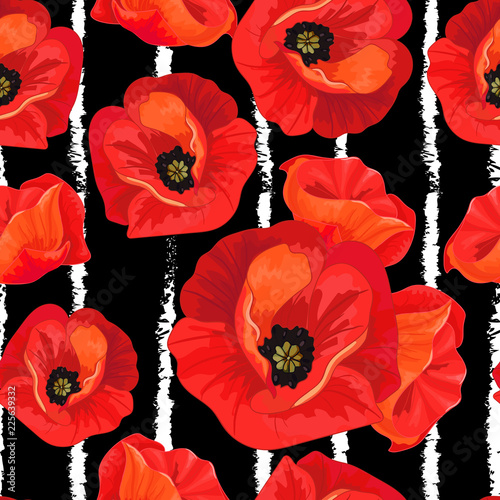 Fototapeta Naklejka Na Ścianę i Meble -  Red poppies on a striped black and white background.
