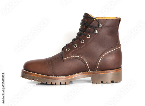 Men’s boot with oil full grain leather isolated on white background, side veiw