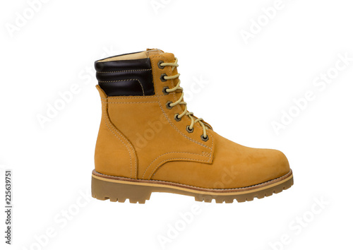 Men's yellow boot isolated on a white background. Fashion advertising boot photos.