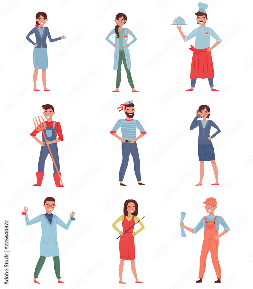 Flat vector set of people different professions. Stewardess, doctor, chef, farmer, sailor, business woman, chemist, builder and teacher