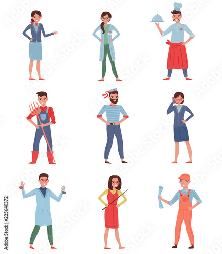 Flat vector set of people different professions. Stewardess, doctor, chef, farmer, sailor, business woman, chemist, builder and teacher