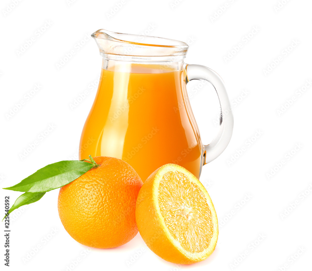 orange juice with orange slices and green leaf isolated on white background. juice in jug orange juice with orange slices and green leaf isolated on white background. juice in jug
