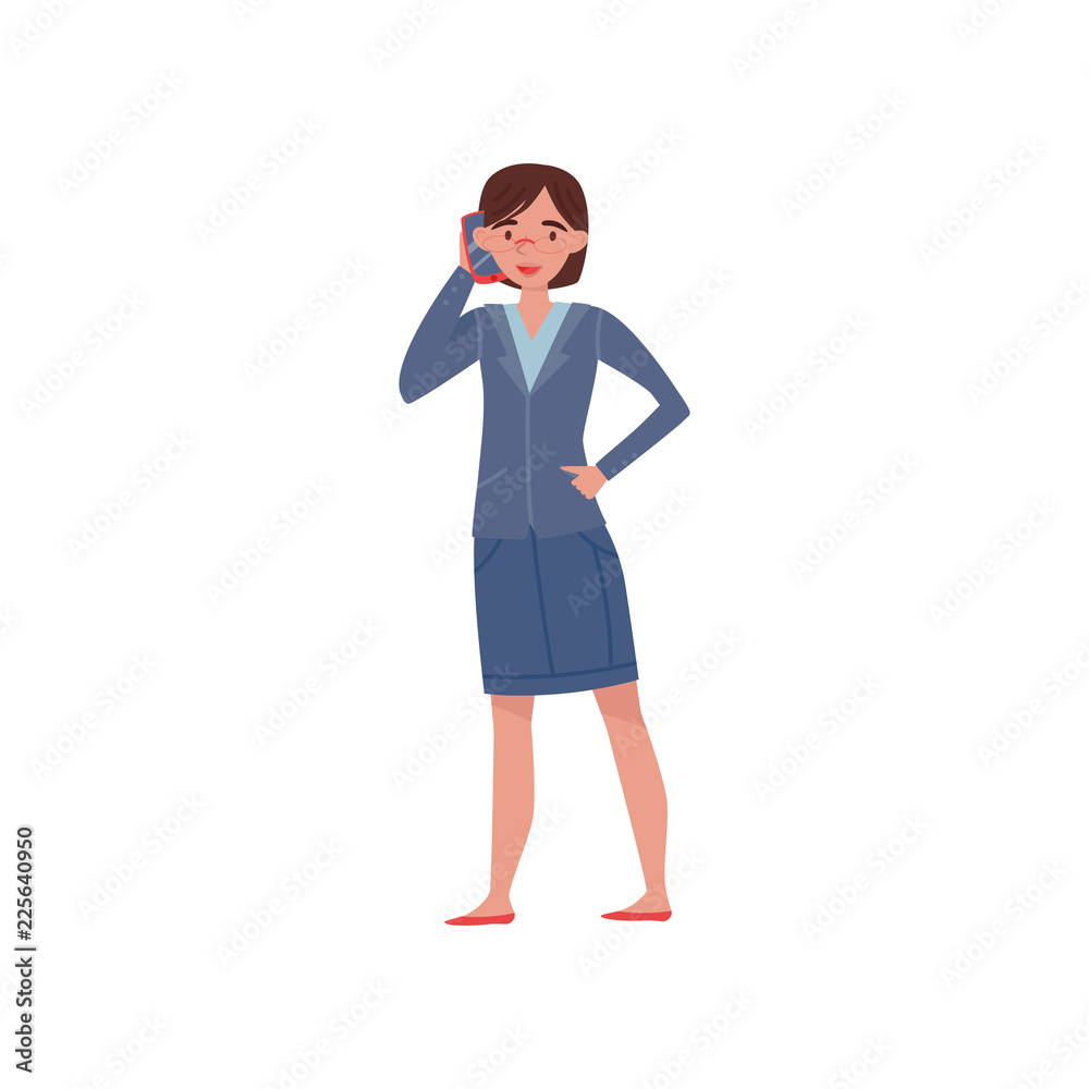 Young business woman talking phone. Office worker in formal clothes. Flat vector illustration Young business woman talking phone. Office worker in formal clothes. Flat vector illustration
