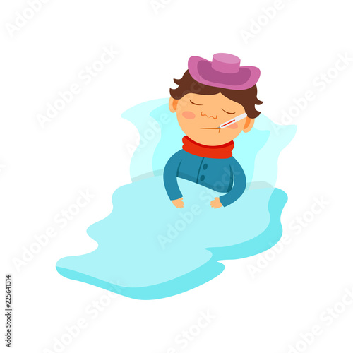 Boy lying under the blanket with ice pack on his head and thermometer in his mouth, kid caught a flu vector Illustration on a white background
