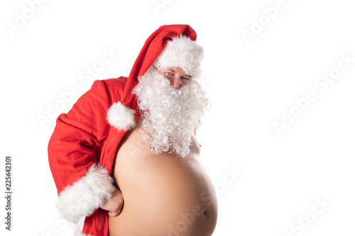 Funny fat man with big belly in Santa costume.