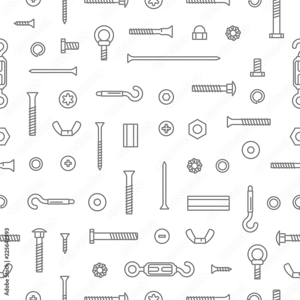 Construction hardware, screws, bolts, nuts and rivets pattern background. Equipment stainless, fasteners, metal fixation gear seamless pattern.