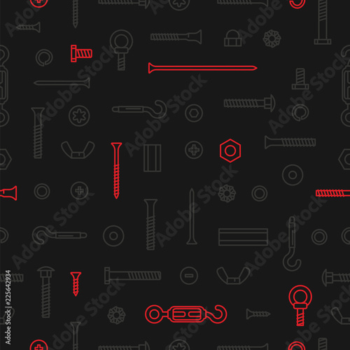 Pattern construction hardware, screws, bolts, nuts and rivets on black background. Equipment stainless, fasteners, metal fixation gear on seamless pattern.