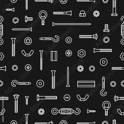 Pattern construction hardware, screws, bolts, nuts and rivets. Seamless pattern equipment stainless, fasteners, metal fixation gear on black background.
