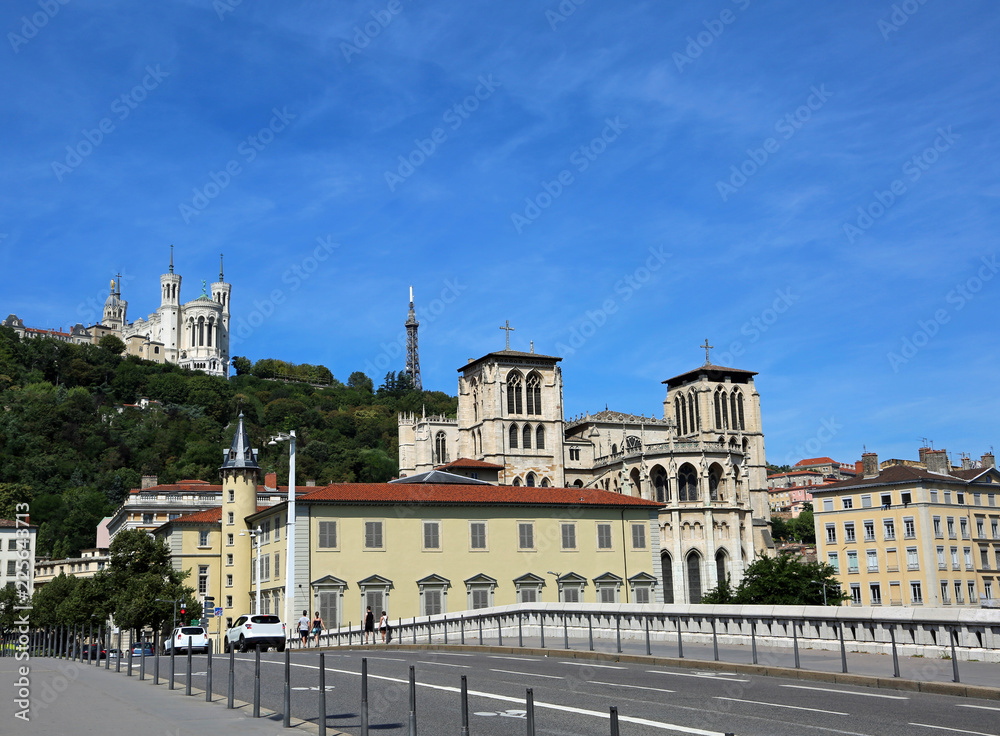 Lyon city in France and the Basilica of Notre Dame de Fourviere